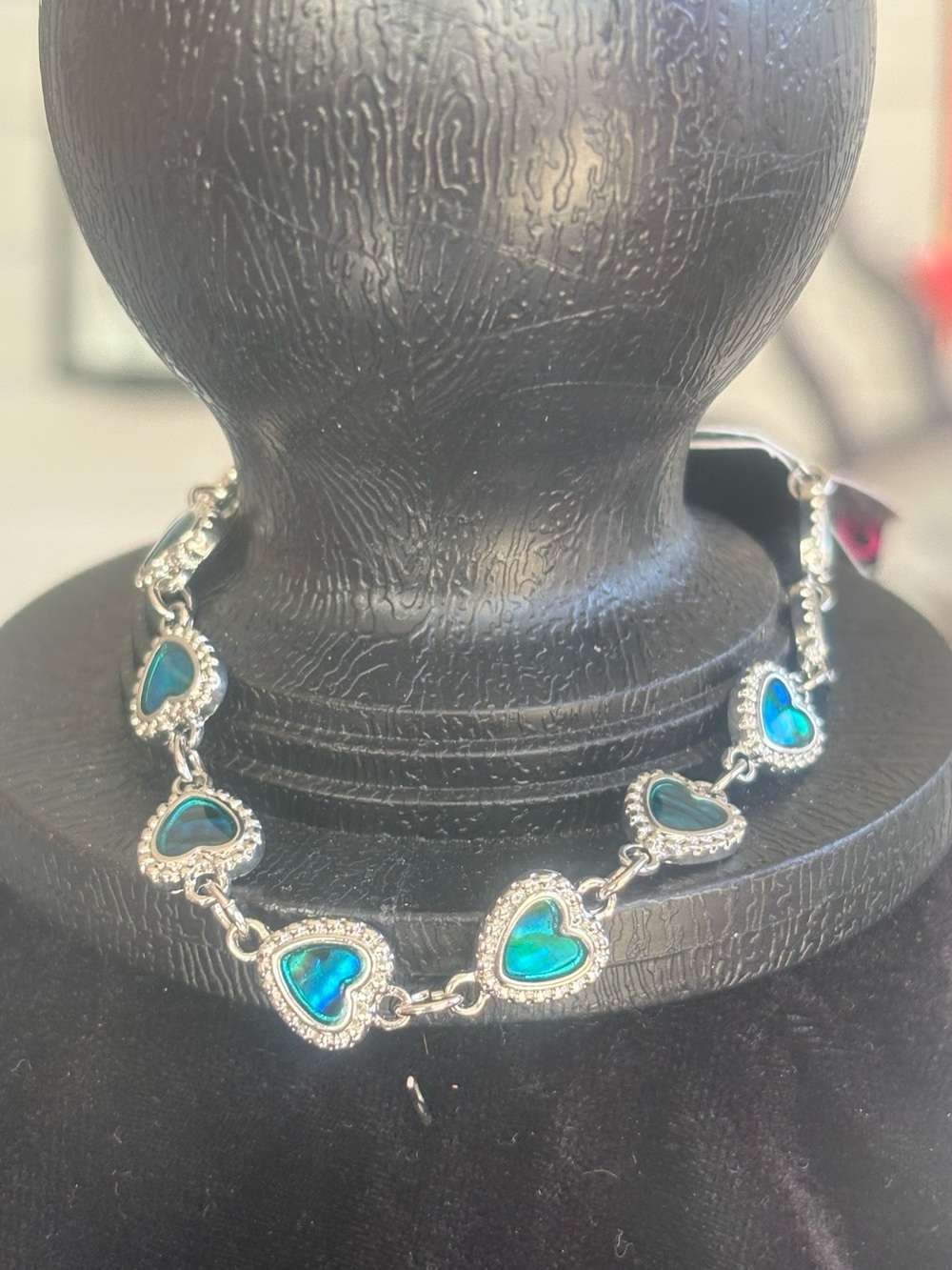 Silver Heart Link Bracelet with Blue-Green Inlay